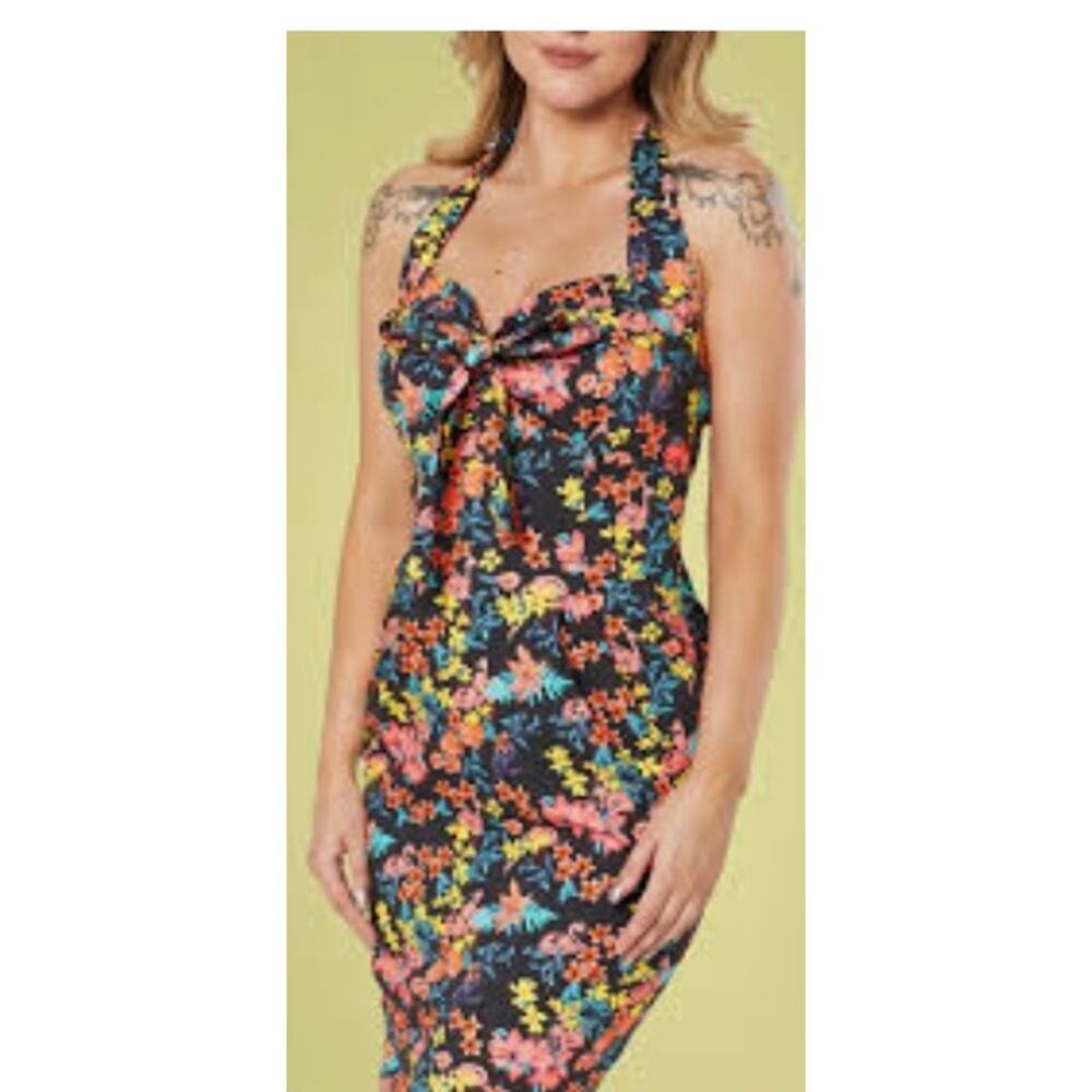 Unique Vintage Black Floral Pencil Tiki Flamingo Print Dress in Black Sz 6 #33